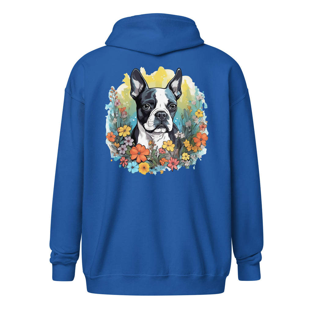 Boston Terrier Surrounded By Flowers Heavy Blend Zip Hoodie