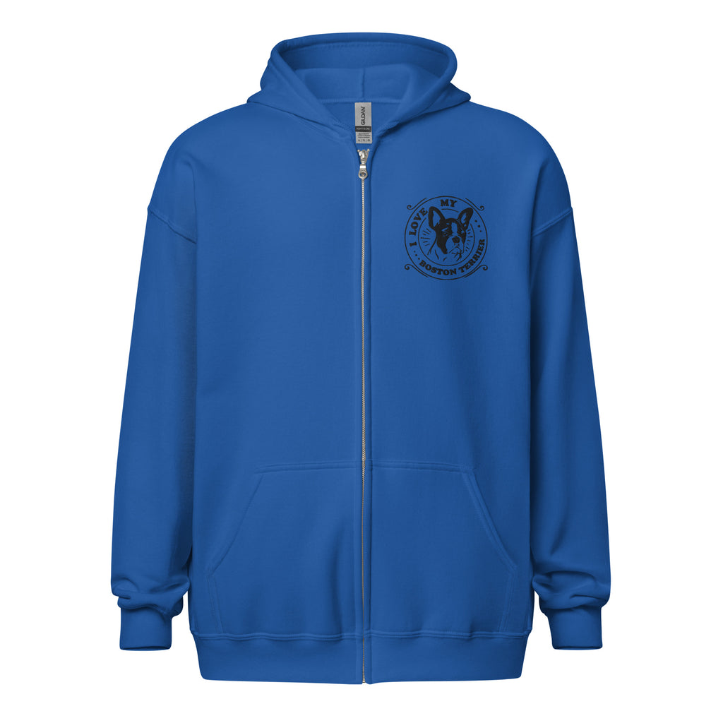 I Love My Boston Terrier Embroidered Unisex Heavy Blend Zip Hoodie