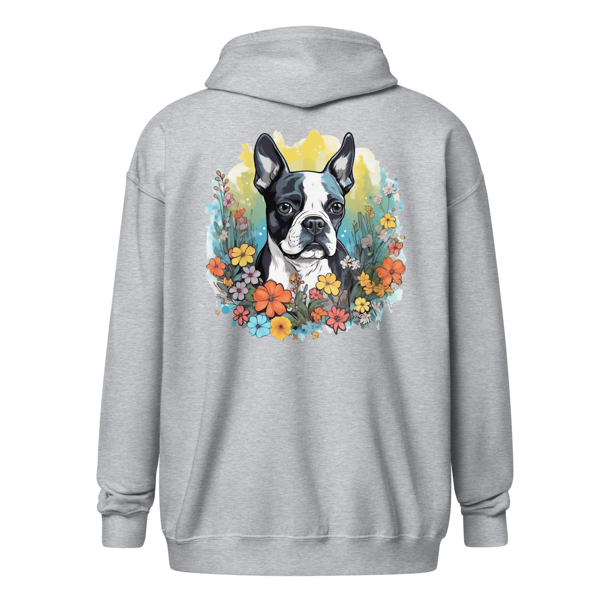 Boston Terrier Surrounded By Flowers Heavy Blend Zip Hoodie
