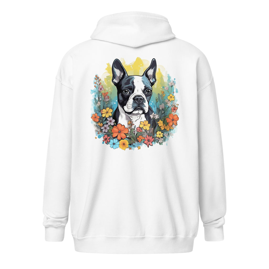 Boston Terrier Surrounded By Flowers Heavy Blend Zip Hoodie