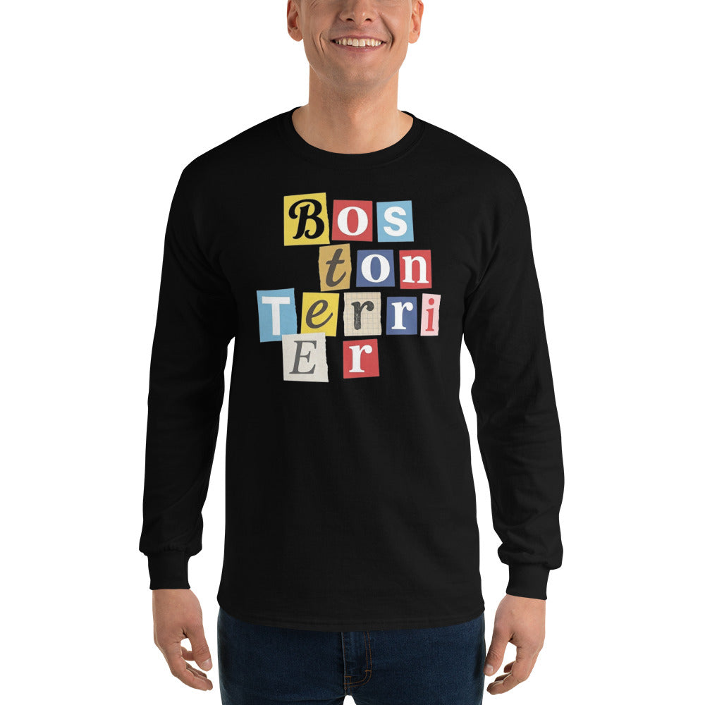 1970s British Punk Ransom Note Boston Terrier Long Sleeve Shirt – Vintage Dada Collage Dog Lover Unisex Tee .