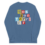 1970s British Punk Ransom Note Boston Terrier Long Sleeve Shirt – Vintage Dada Collage Dog Lover Unisex Tee . Indigo Blue