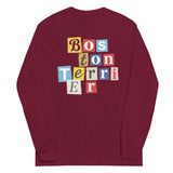 1970s British Punk Ransom Note Boston Terrier Long Sleeve Shirt – Vintage Dada Collage Dog Lover Unisex Tee . Maroon