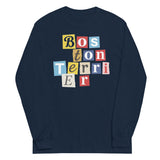 1970s British Punk Ransom Note Boston Terrier Long Sleeve Shirt – Vintage Dada Collage Dog Lover Unisex Tee . Navy