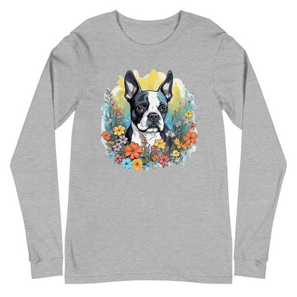 Boston Terrier Surrounded By Flowers Long Sleeve Tee