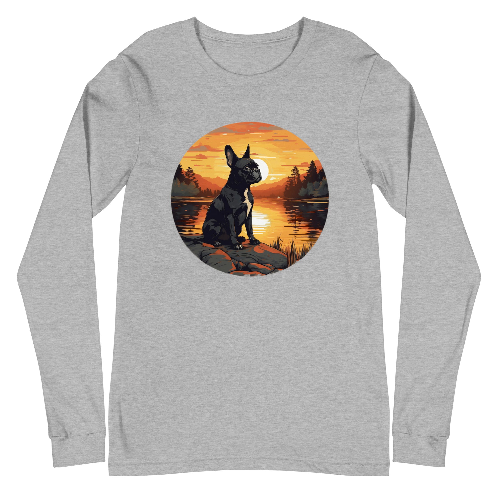 Boston Terrier Sitting By A Calm Lake Unisex Long Sleeve Tee