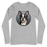 Cartoon Boston Terrier Dog Portrait Unisex Long Sleeve Tee