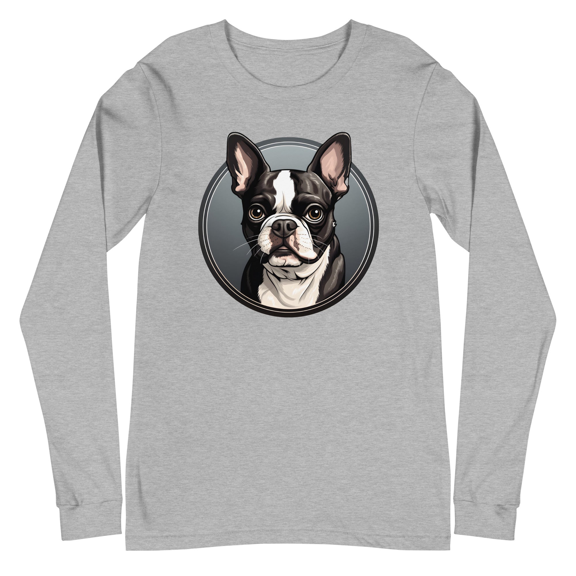 Cartoon Boston Terrier Dog Portrait Unisex Long Sleeve Tee