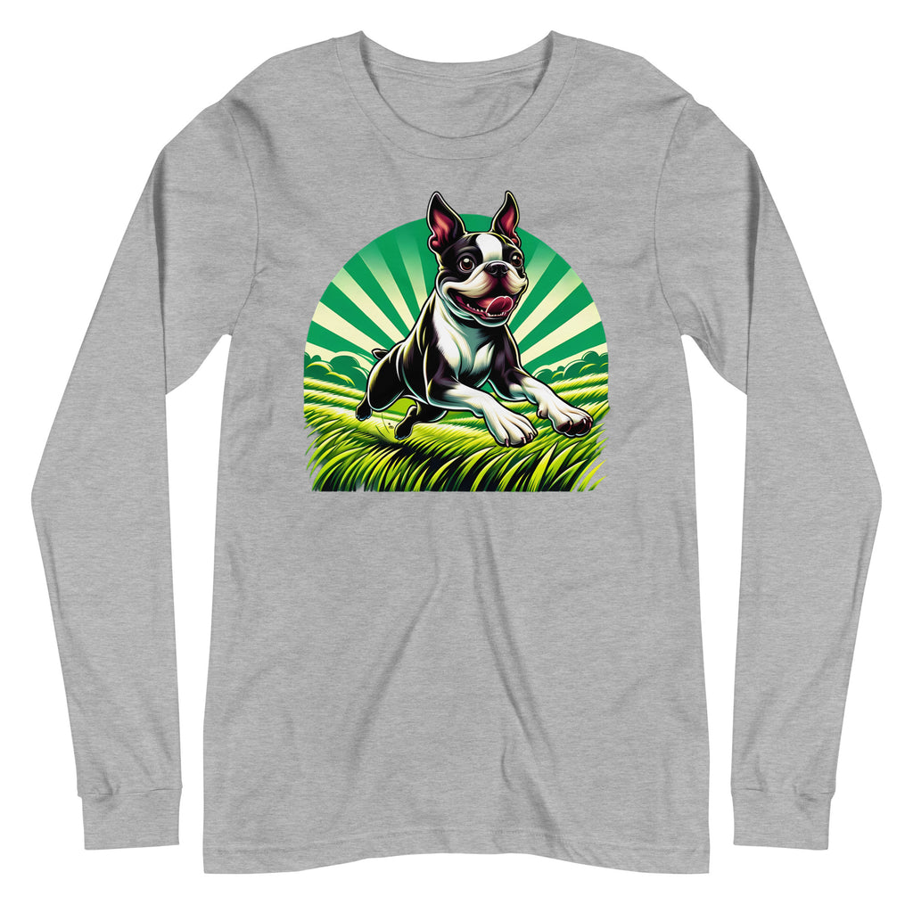 Boston Terrier Dog Running Free Unisex Long Sleeve Tee