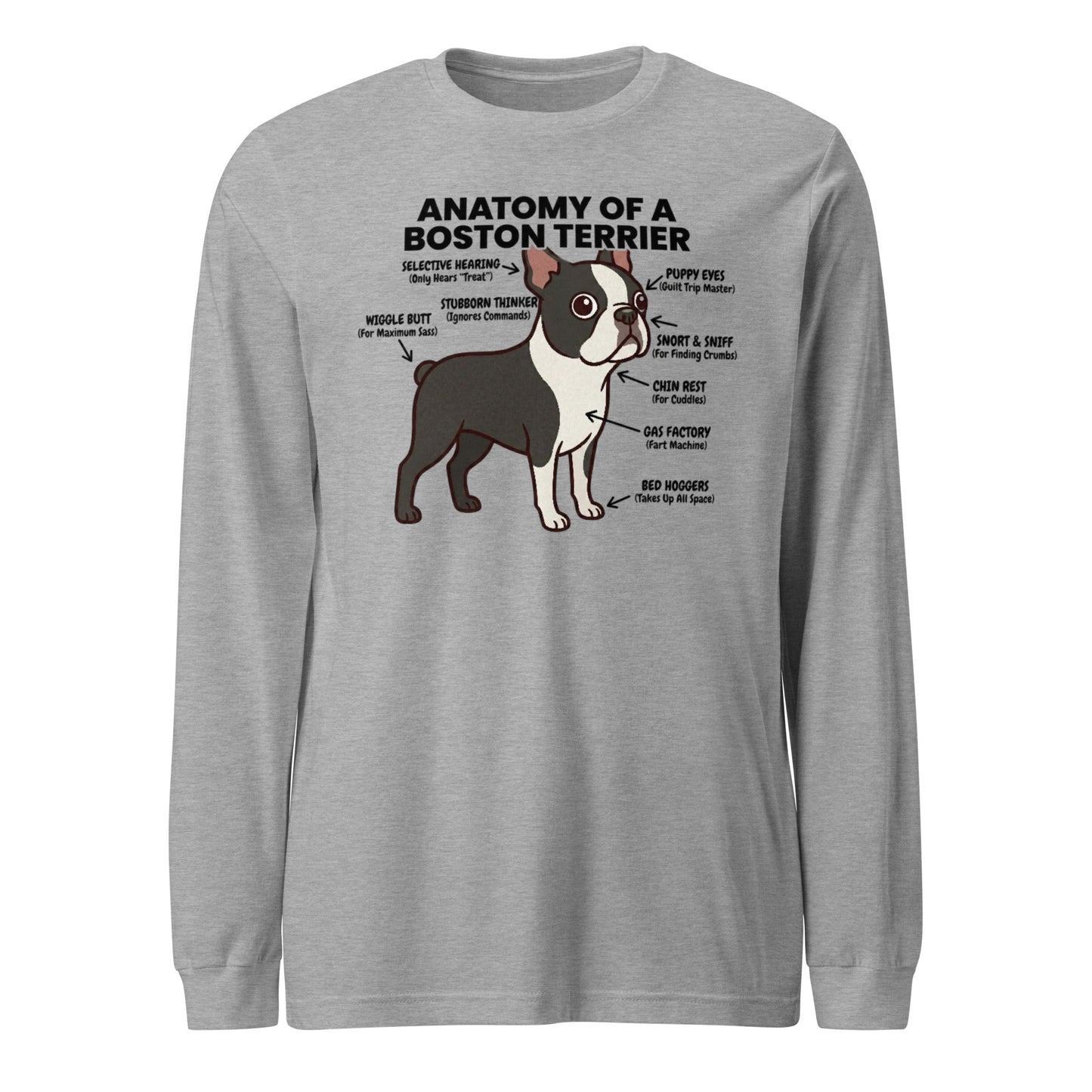 Boston Terrier Anatomy Illustrated Unisex Long Sleeve Tee . Athletic Heather