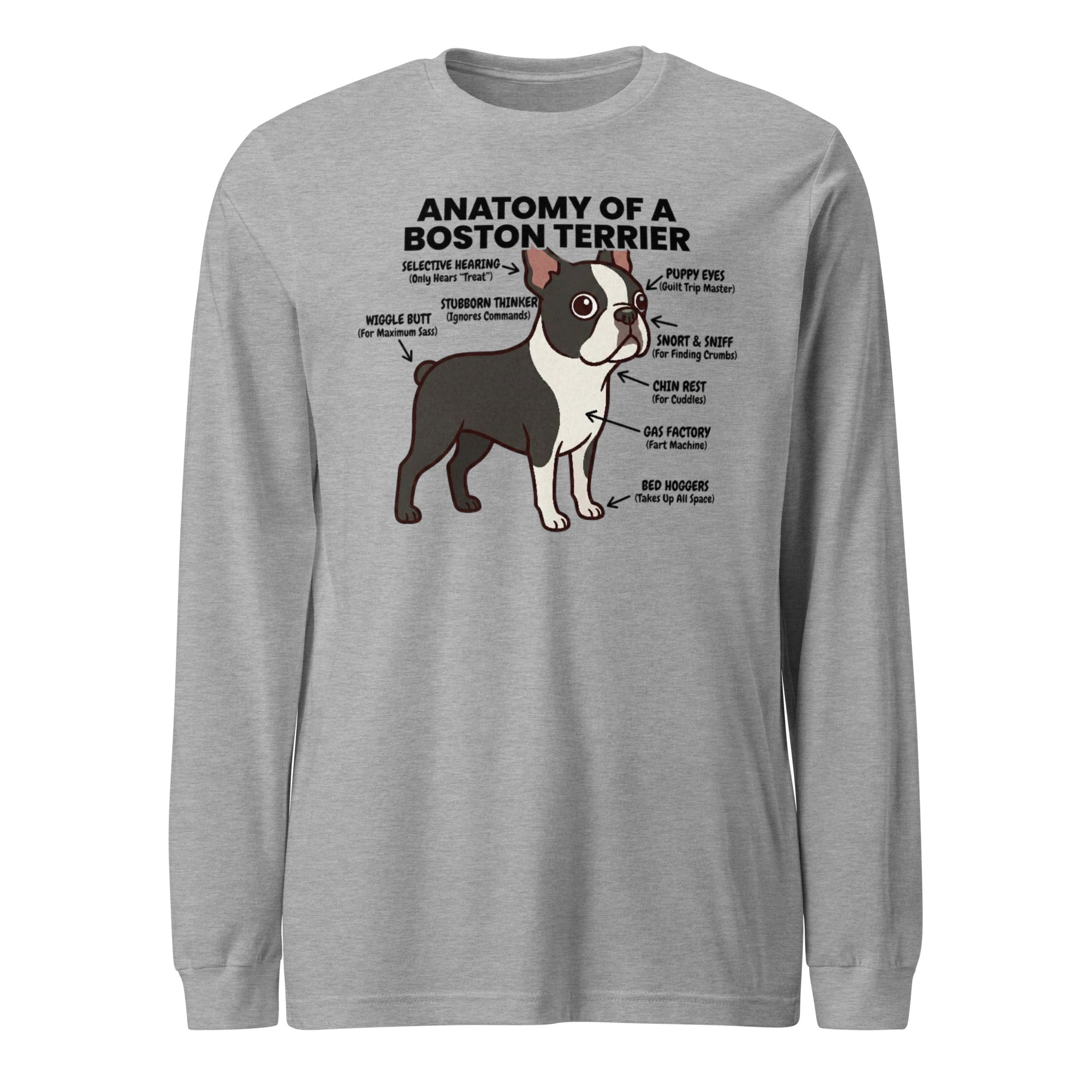 Boston Terrier Anatomy Illustrated Unisex Long Sleeve Tee . Athletic Heather