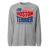 Boston Terrier American Flag Unisex Long Sleeve Shirt – 4th of July Patriotic Dog Tee | USA 250th Birthday Shirt . Athletic Heather