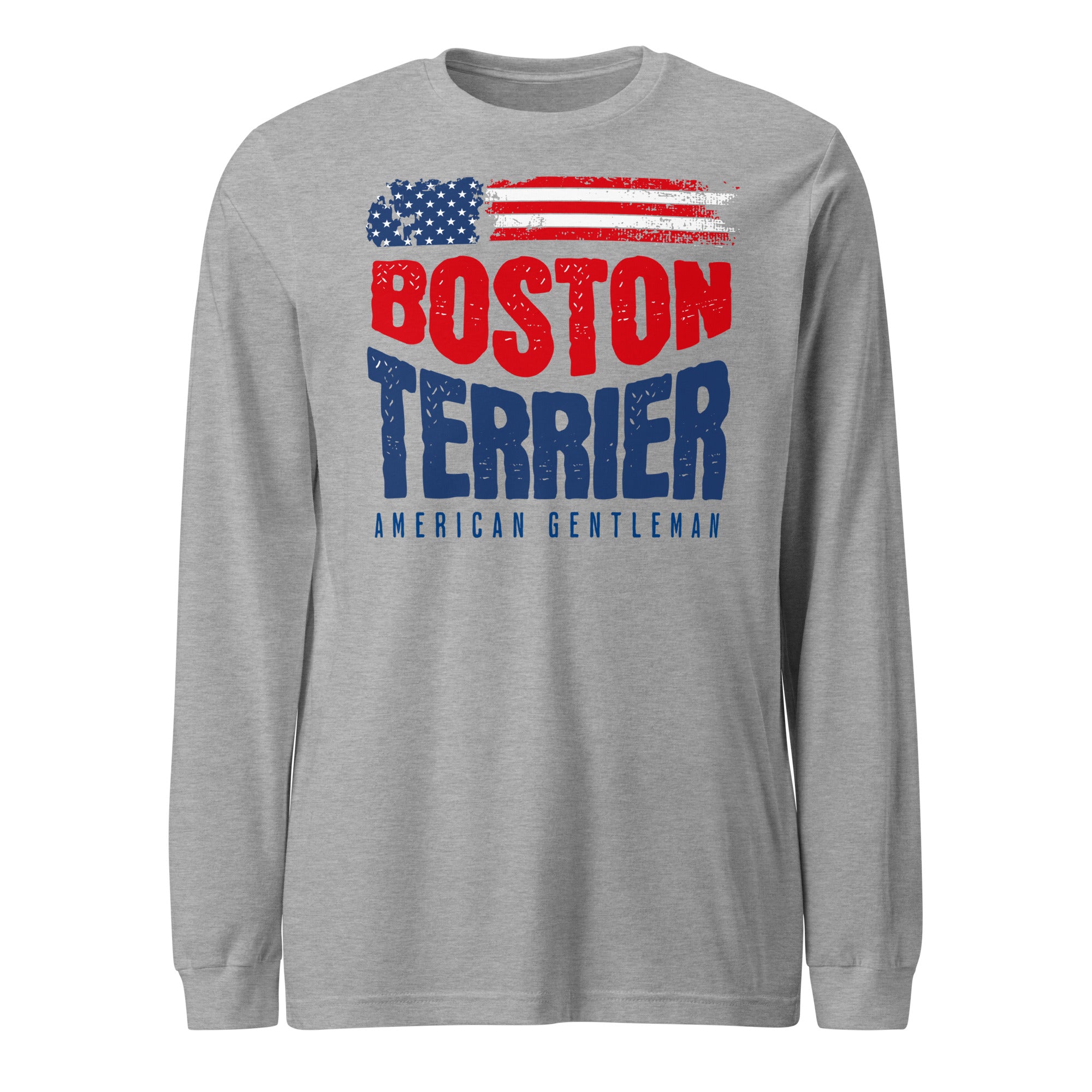 Boston Terrier American Flag Unisex Long Sleeve Shirt – 4th of July Patriotic Dog Tee | USA 250th Birthday Shirt . Athletic Heather