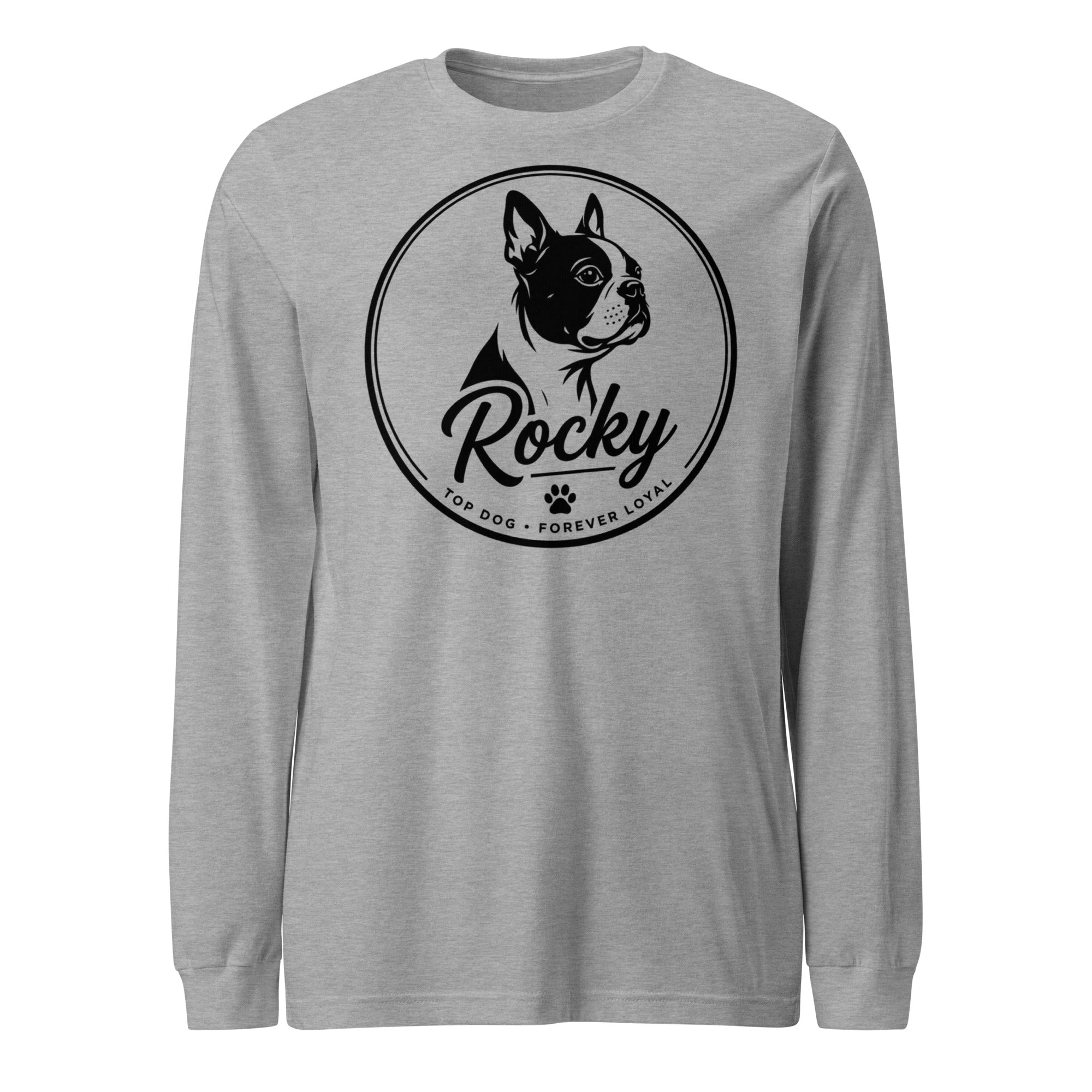 Personalized Dog Silhouette Long Sleeve Tee with Custom Name & Tagline . Athletic Heather
