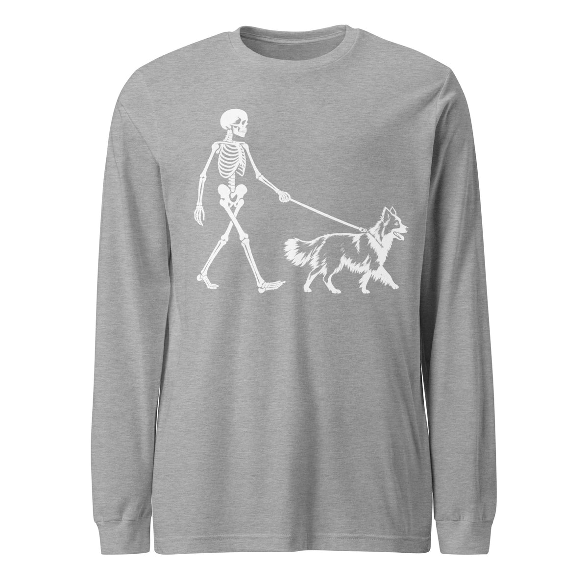 Skeleton Walking Border Collie Halloween Unisex Long Sleeve Tee . Athletic Heather
