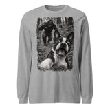 Boston Terrier Bigfoot Chase – Funny Sasquatch Dog Graphic Unisex Long Sleeve Tee . Athletic Heather