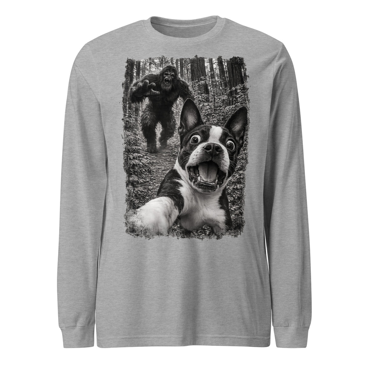 Boston Terrier Bigfoot Chase – Funny Sasquatch Dog Graphic Unisex Long Sleeve Tee . Athletic Heather