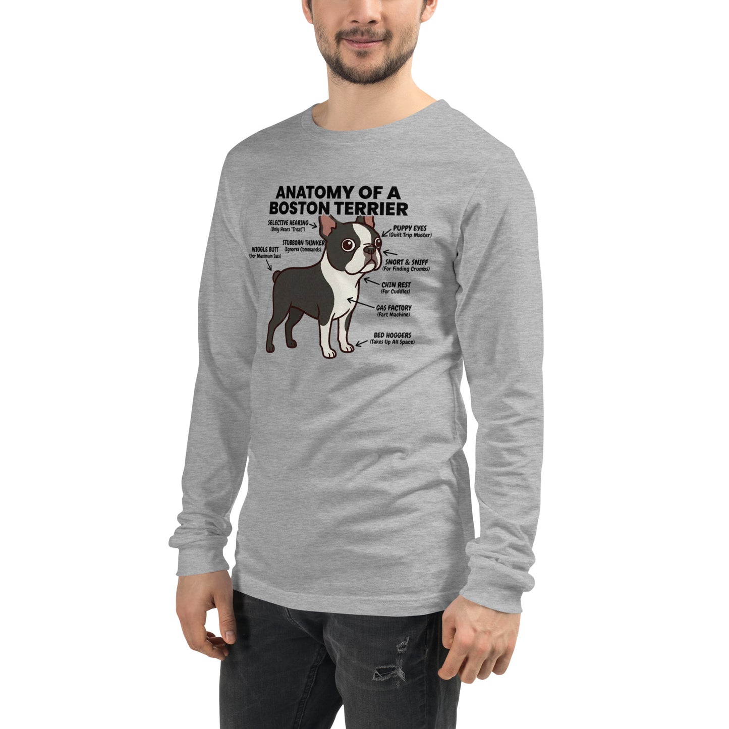 Boston Terrier Anatomy Illustrated Unisex Long Sleeve Tee .