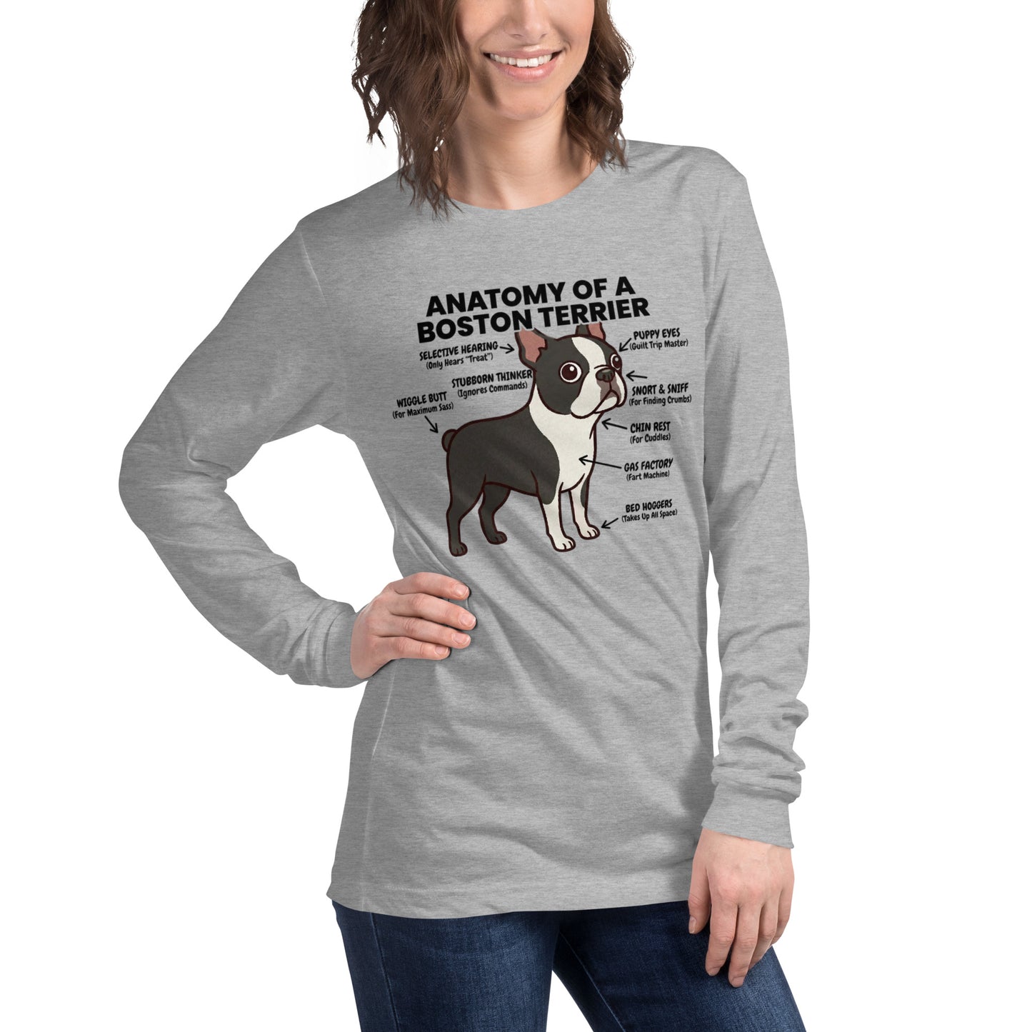 Boston Terrier Anatomy Illustrated Unisex Long Sleeve Tee .
