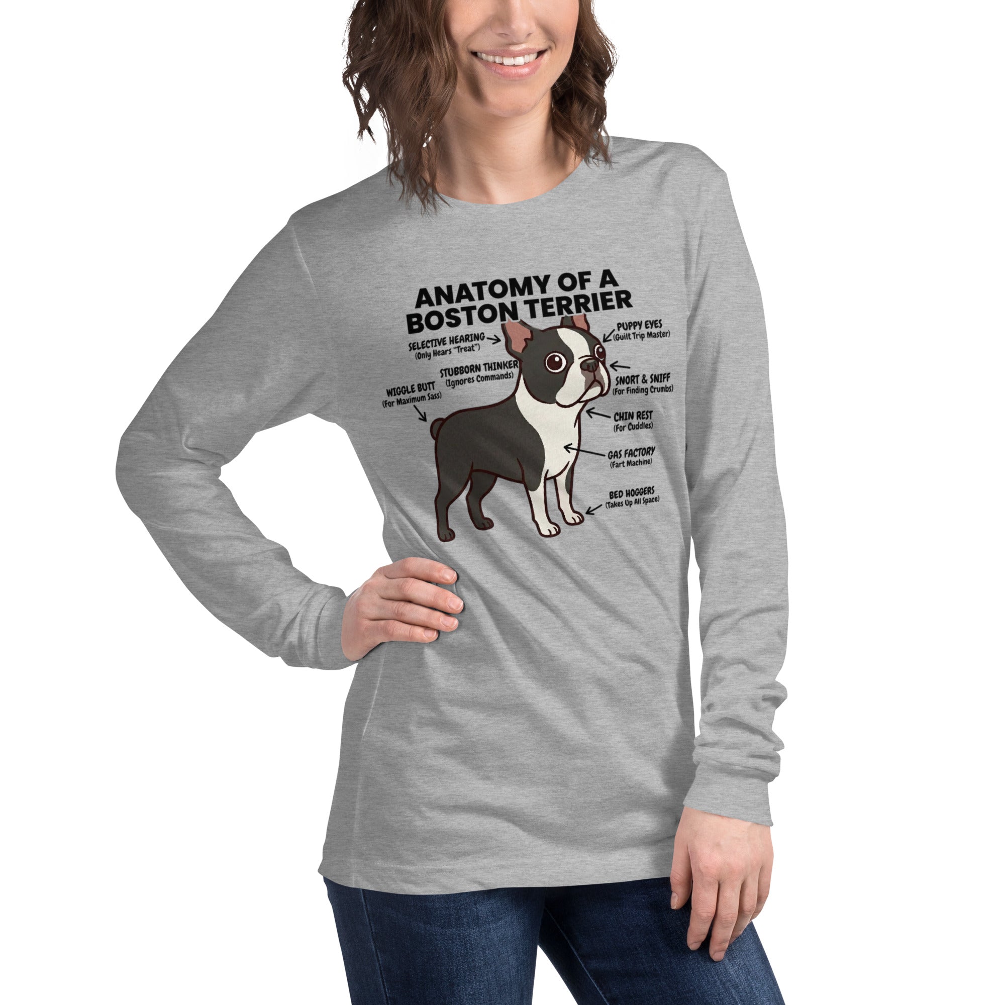 Boston Terrier Anatomy Illustrated Unisex Long Sleeve Tee .