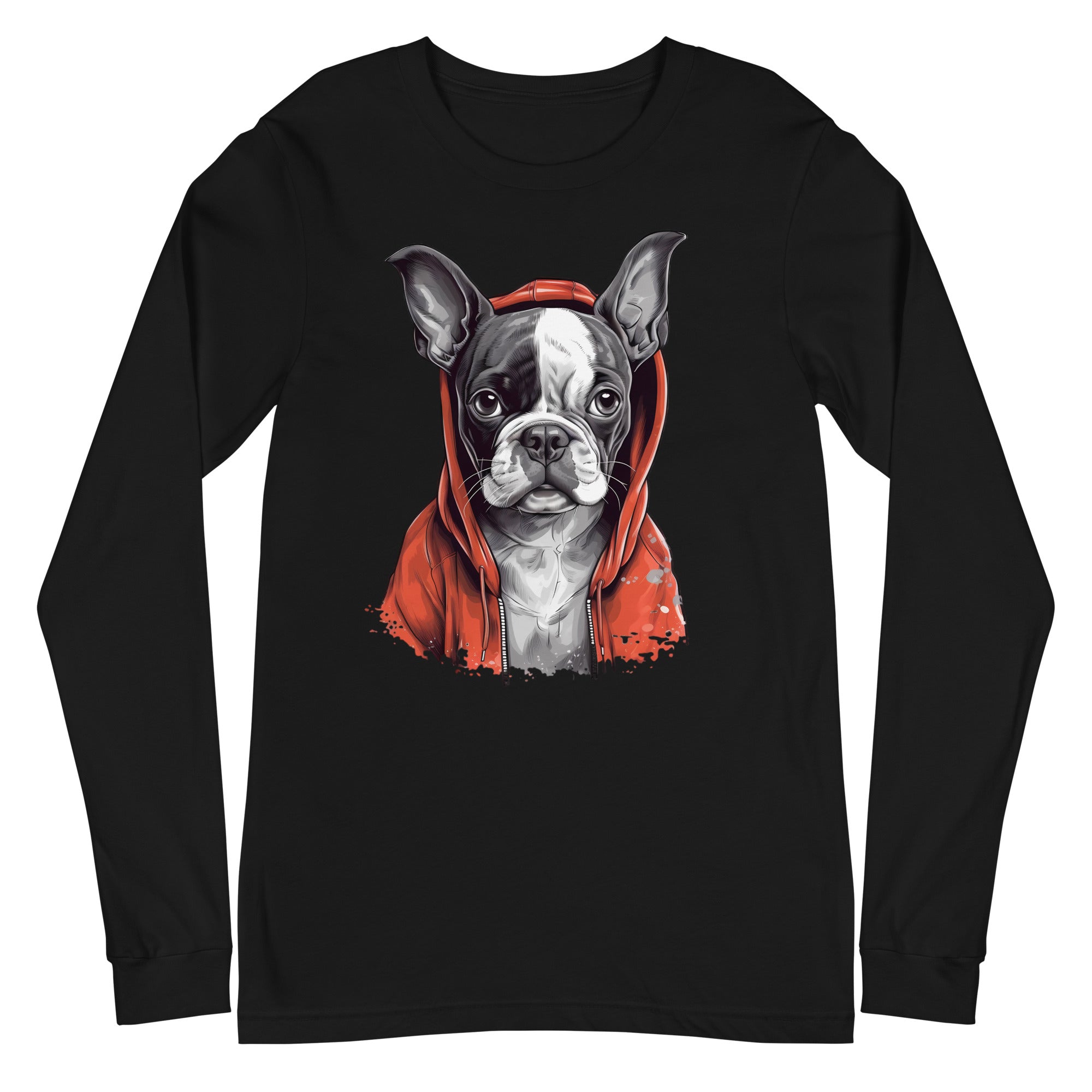 Boston Terrier in a Red Hoodie Long Sleeve Tee