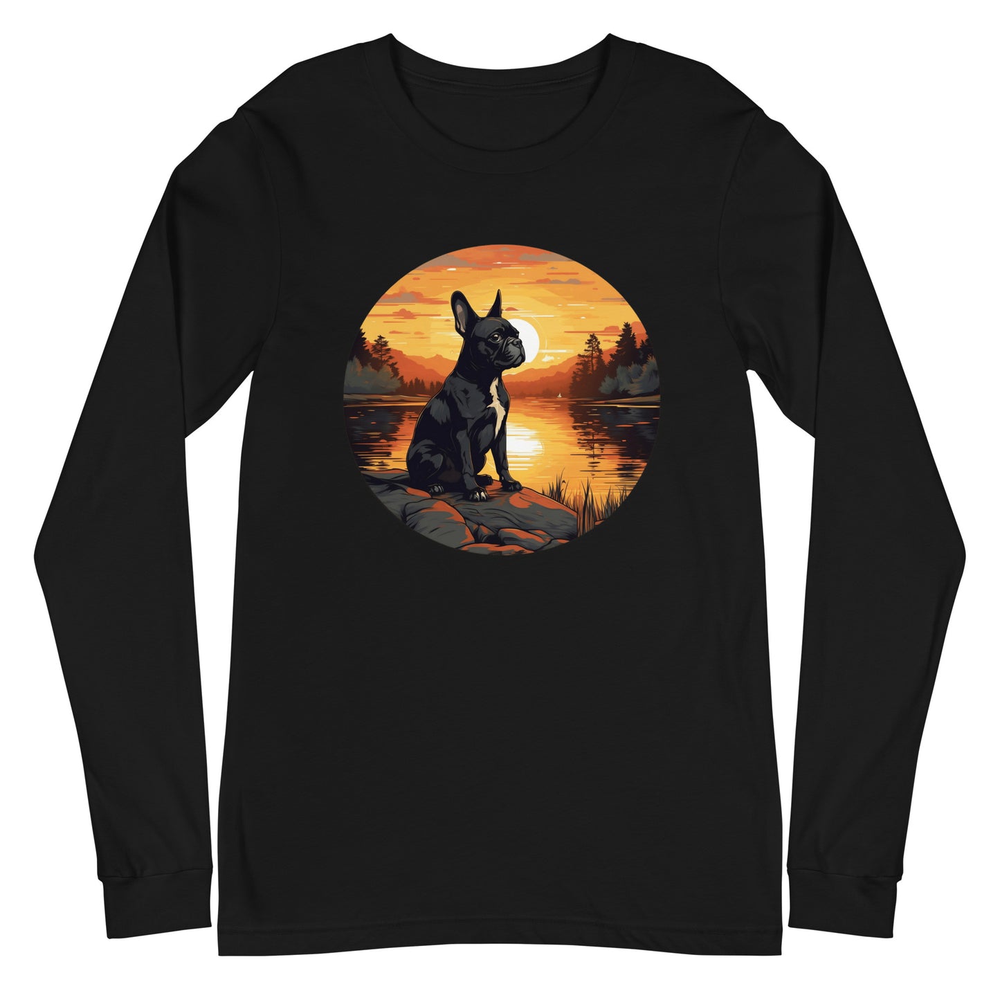 Boston Terrier Sitting By A Calm Lake Unisex Long Sleeve Tee