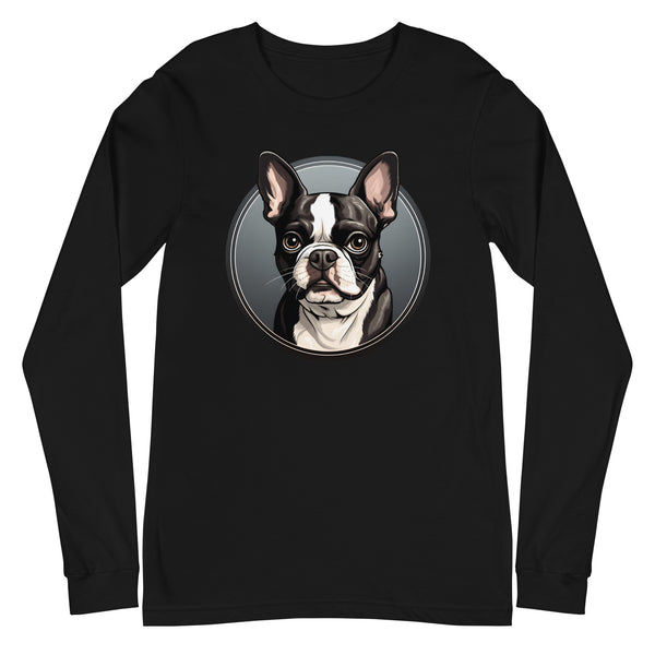 Cartoon Boston Terrier Dog Portrait Unisex Long Sleeve Tee