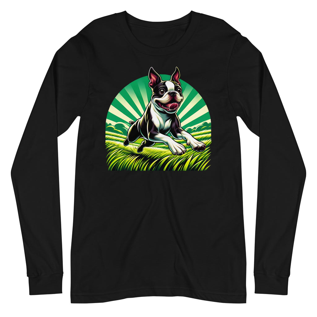 Boston Terrier Dog Running Free Unisex Long Sleeve Tee