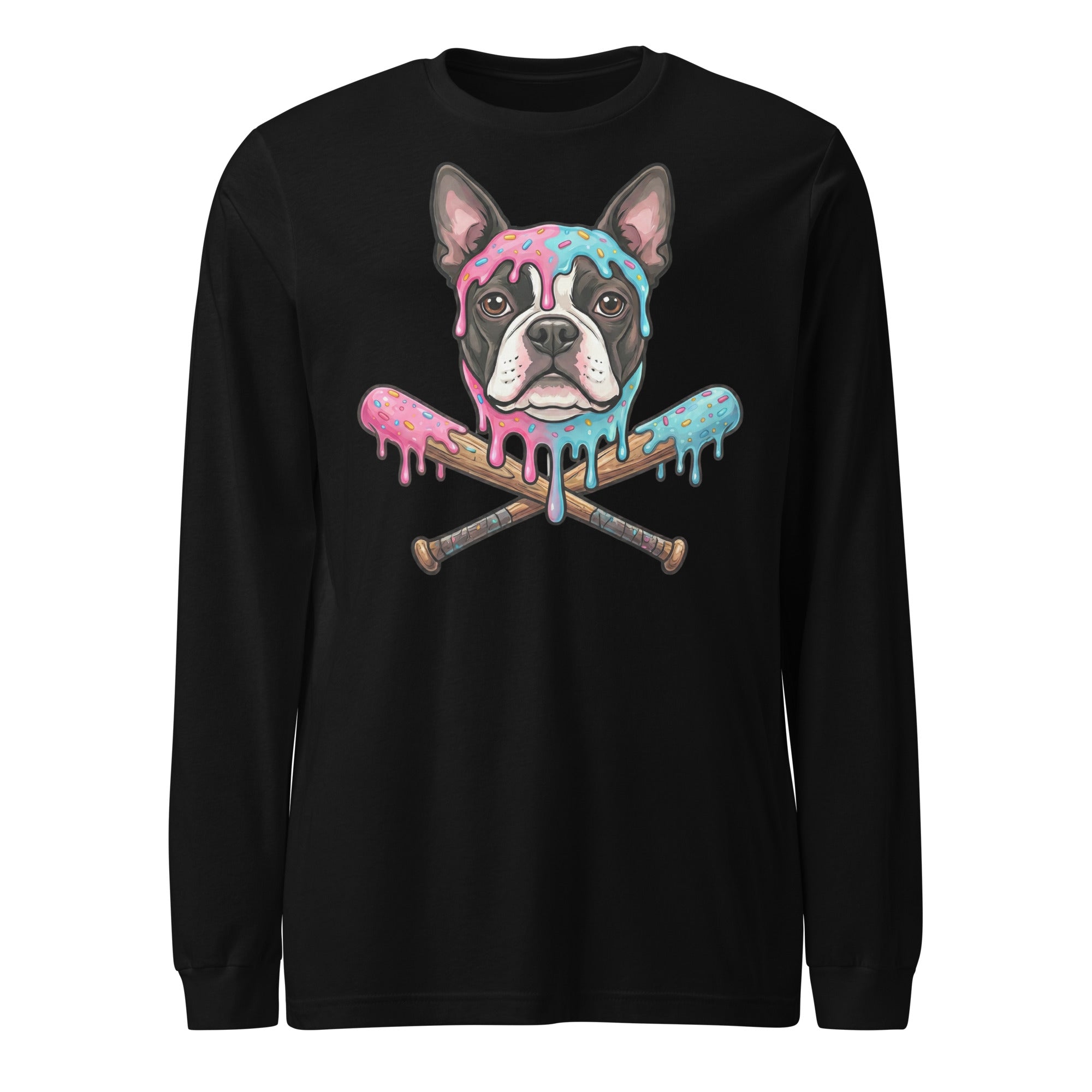 Baseball Drip Boston Terrier Dog Unisex Long Sleeve Tee . Black