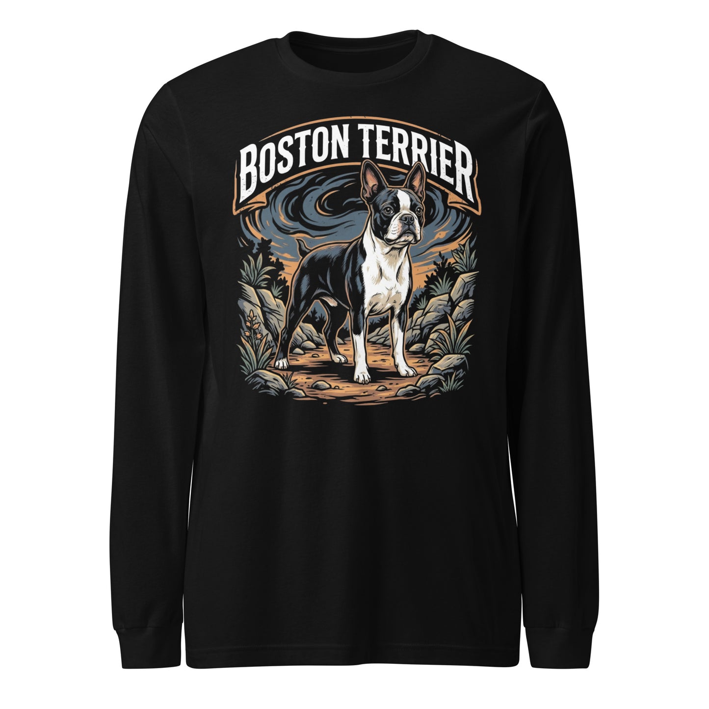 Boston Terrier Wilderness Guardian Unisex Long Sleeve Tee . Black