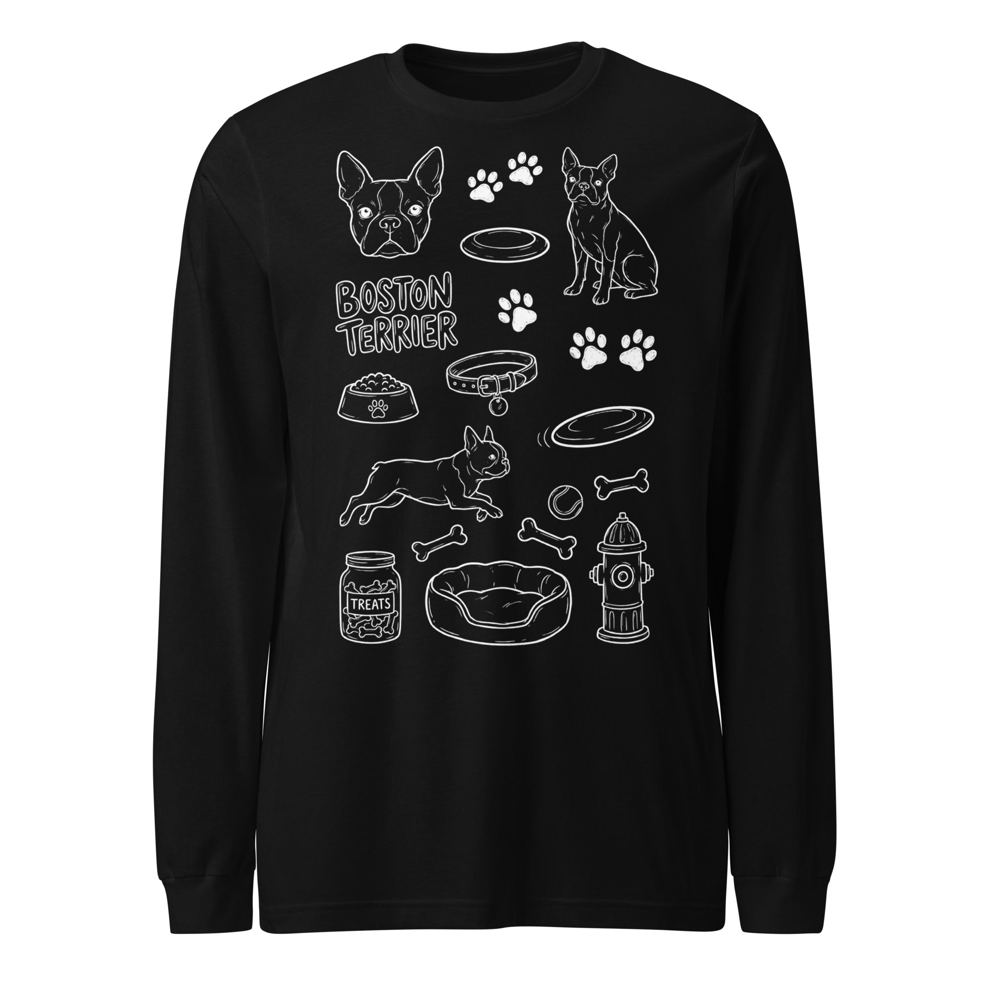 Boston Terrier Doodle Dog Lover Unisex Long Sleeve Tee . Black