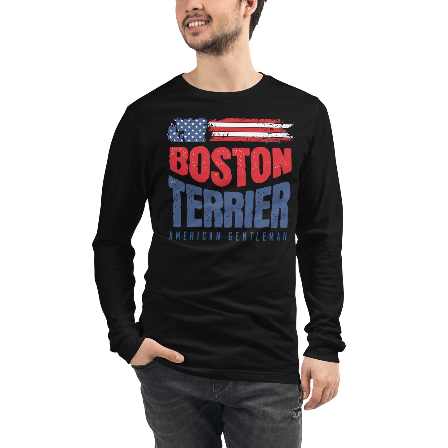 Boston Terrier American Flag Unisex Long Sleeve Shirt – 4th of July Patriotic Dog Tee | USA 250th Birthday Shirt .