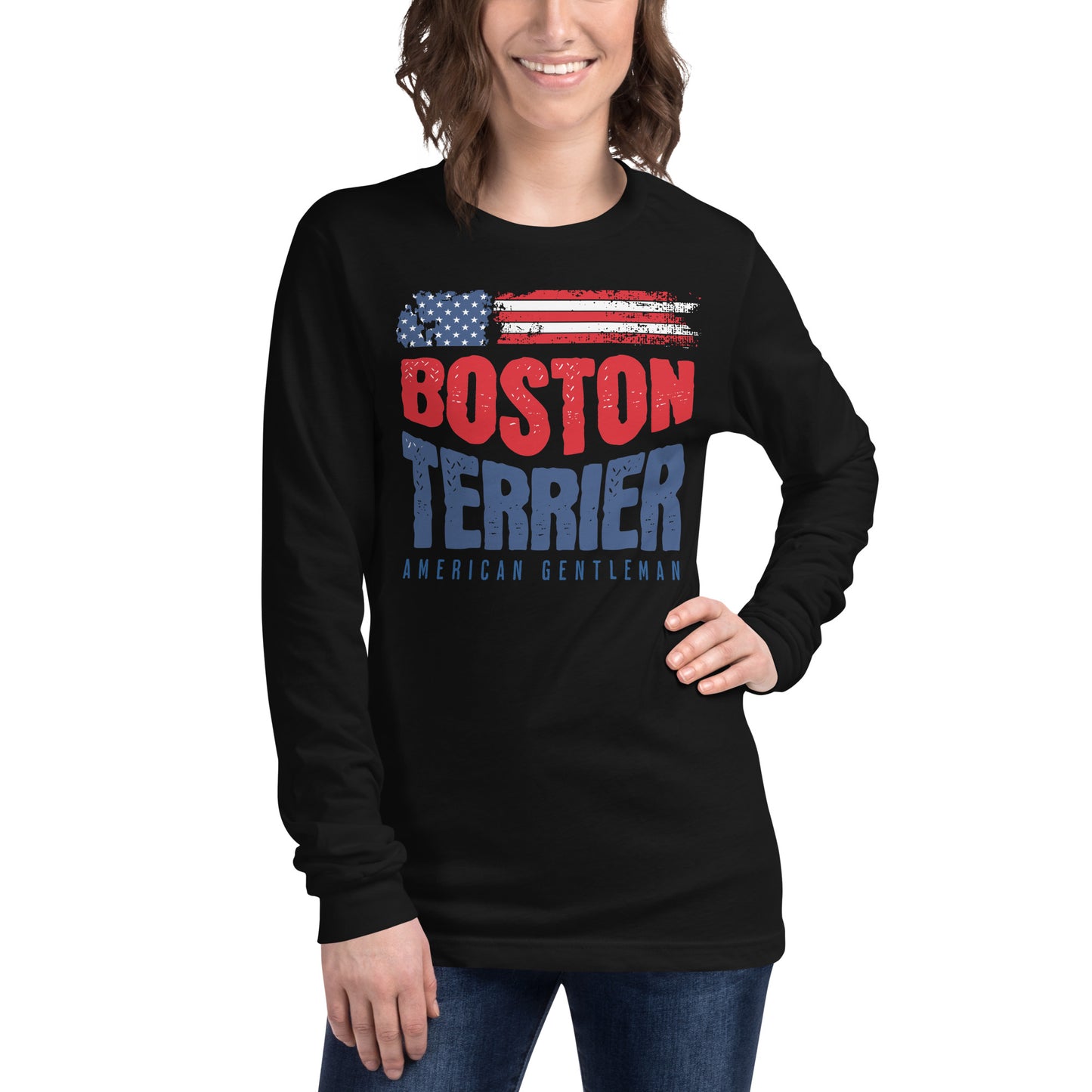 Boston Terrier American Flag Unisex Long Sleeve Shirt – 4th of July Patriotic Dog Tee | USA 250th Birthday Shirt .