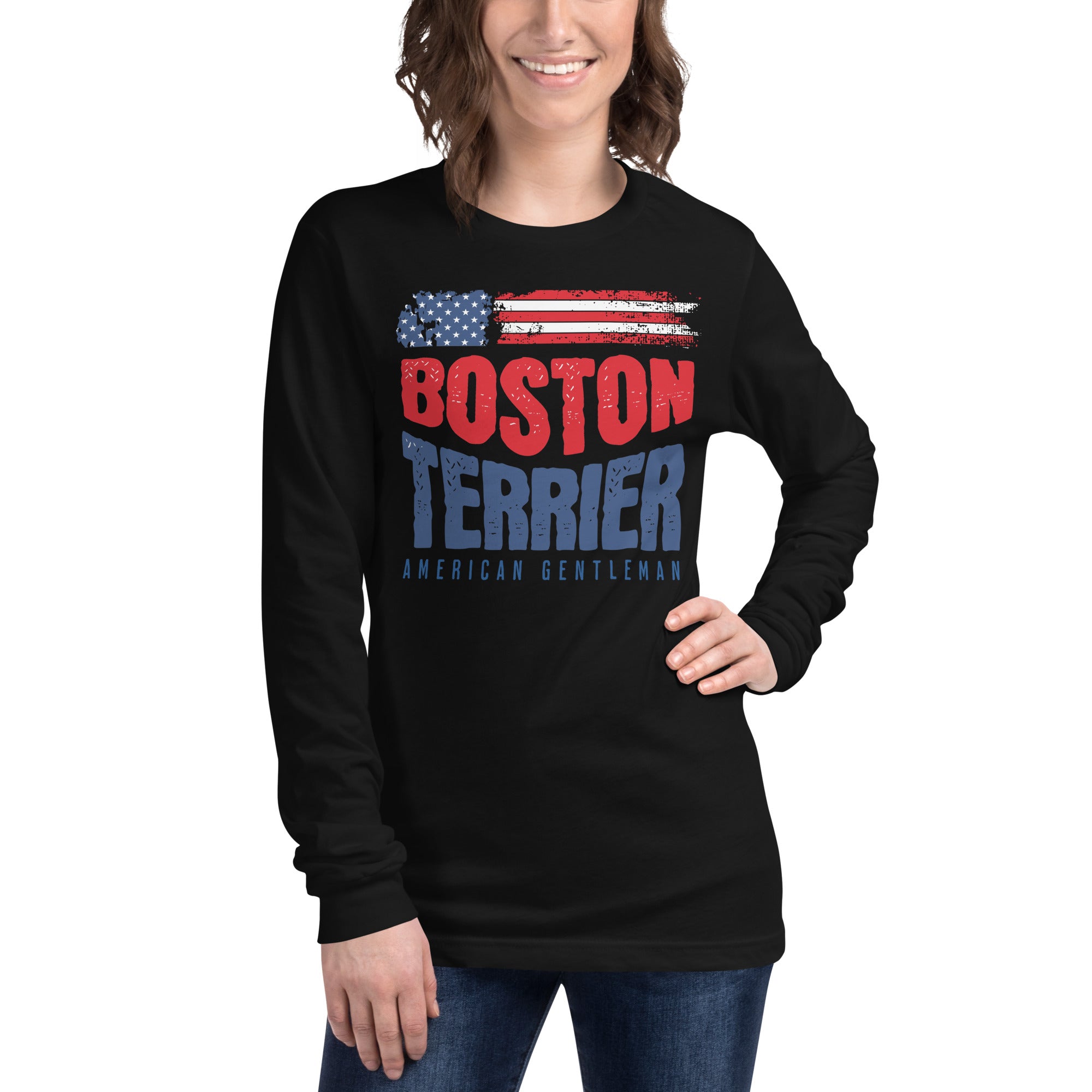 Boston Terrier American Flag Unisex Long Sleeve Shirt – 4th of July Patriotic Dog Tee | USA 250th Birthday Shirt .