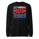 Boston Terrier American Flag Unisex Long Sleeve Shirt – 4th of July Patriotic Dog Tee | USA 250th Birthday Shirt . Black