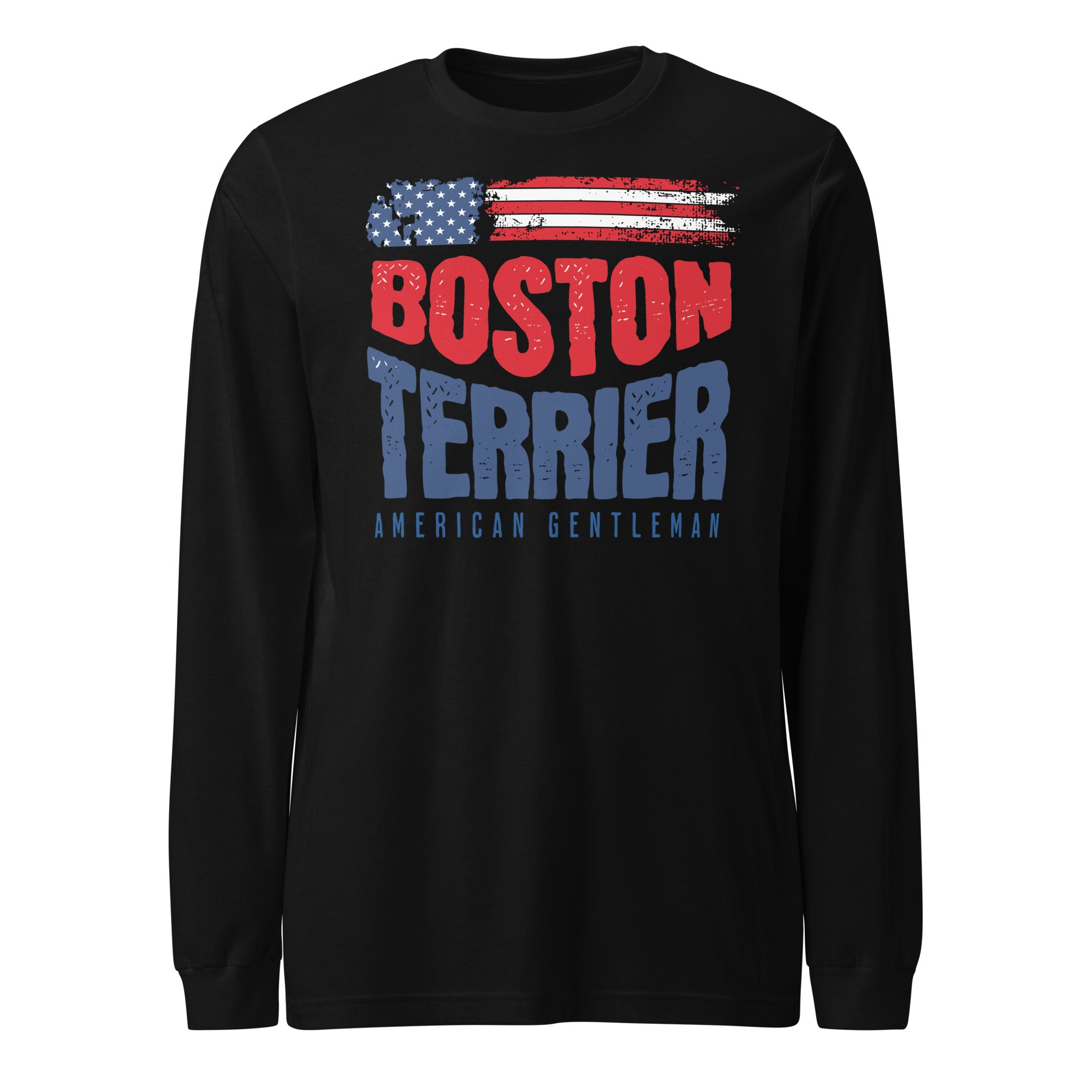 Boston Terrier American Flag Unisex Long Sleeve Shirt – 4th of July Patriotic Dog Tee | USA 250th Birthday Shirt . Black