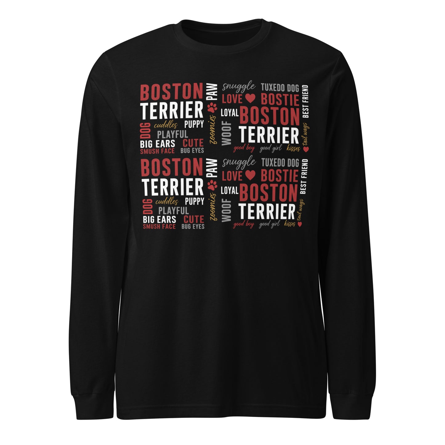 Boston Terrier Word Collage Unisex Long Sleeve Tee – Dog Lover Typography Art . Black