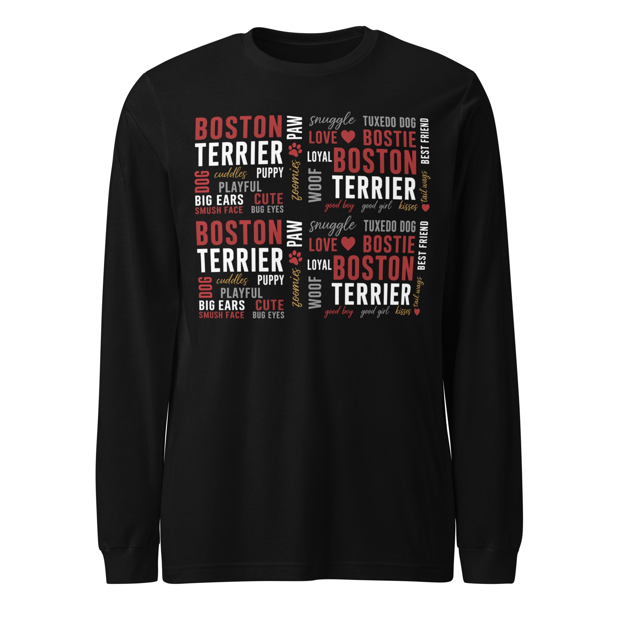 Boston Terrier Word Collage Unisex Long Sleeve Tee – Dog Lover Typography Art . Black