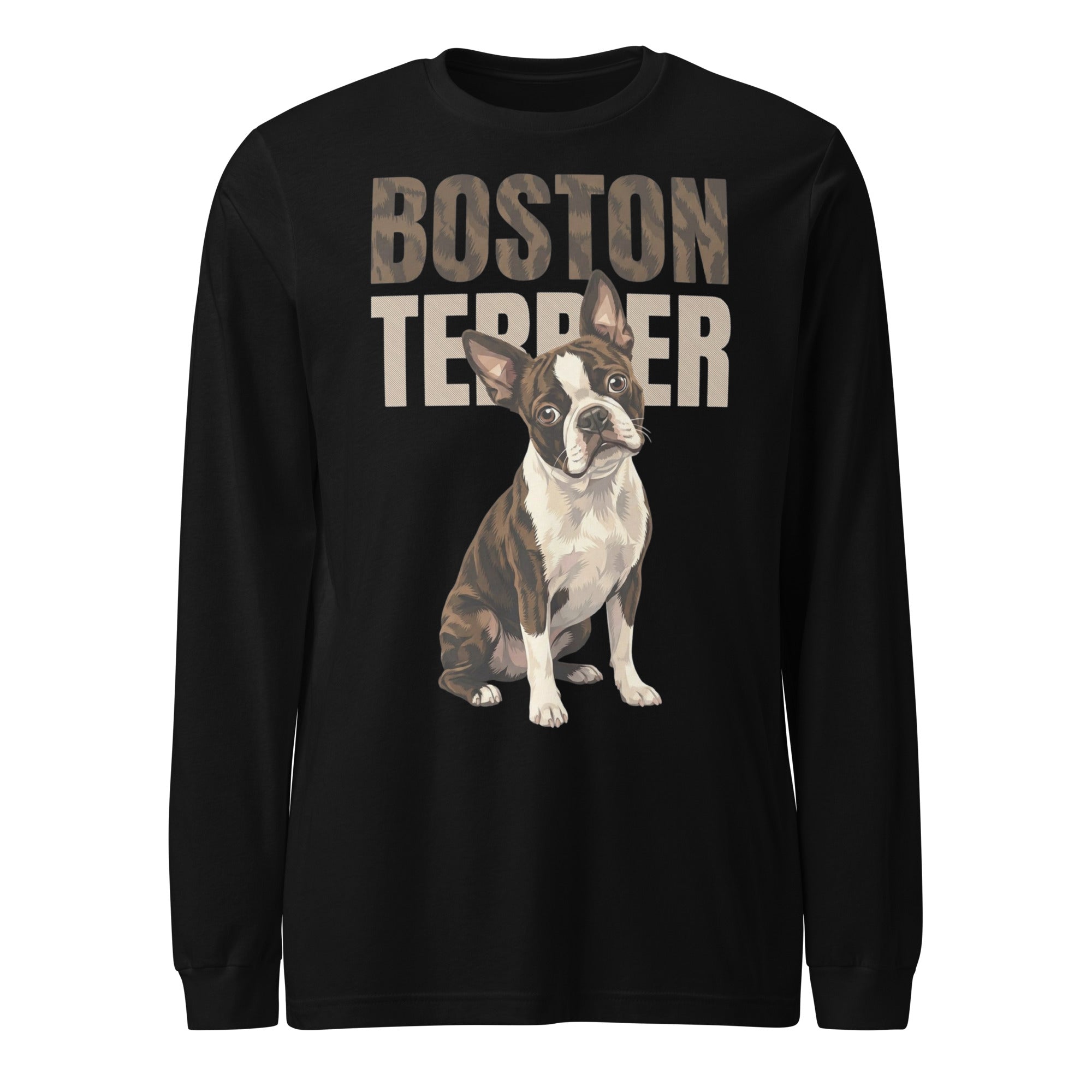 Brindle Boston Terrier Dog Unisex Long Sleeve Tee . Black