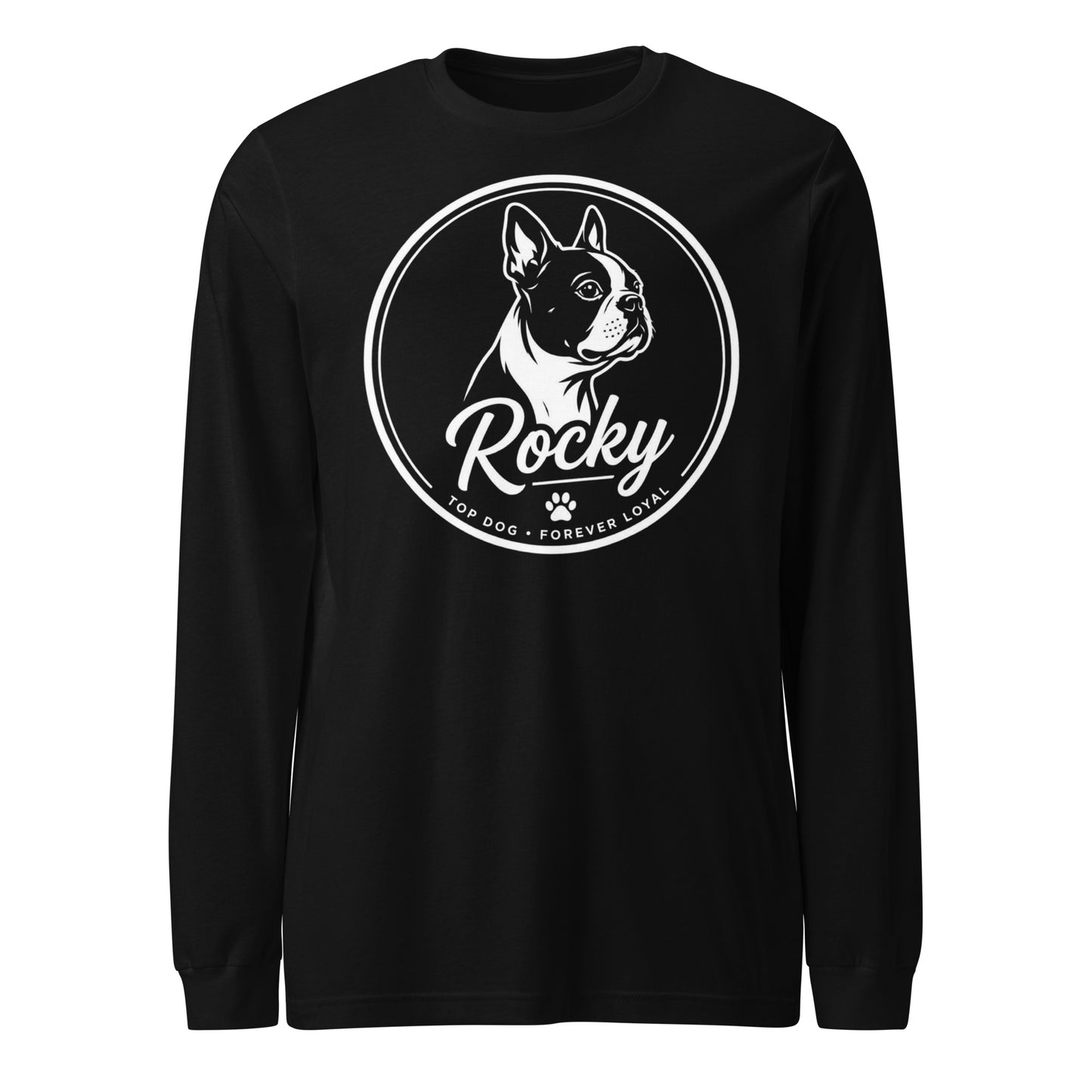 Personalized Dog Silhouette Long Sleeve Tee with Custom Name & Tagline . Black