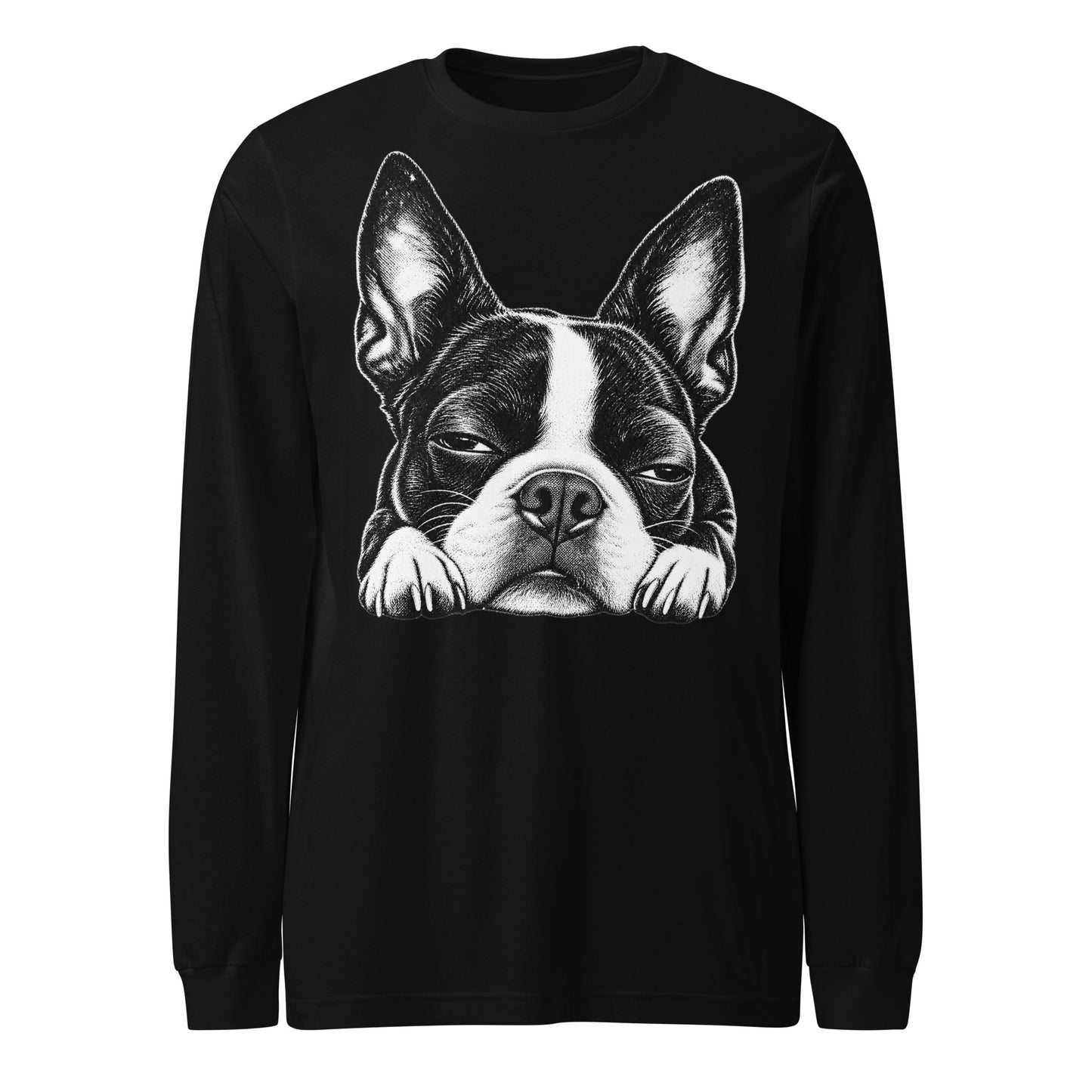 Sleepy Boston Terrier Dog Unisex Long Sleeve Tee . Black