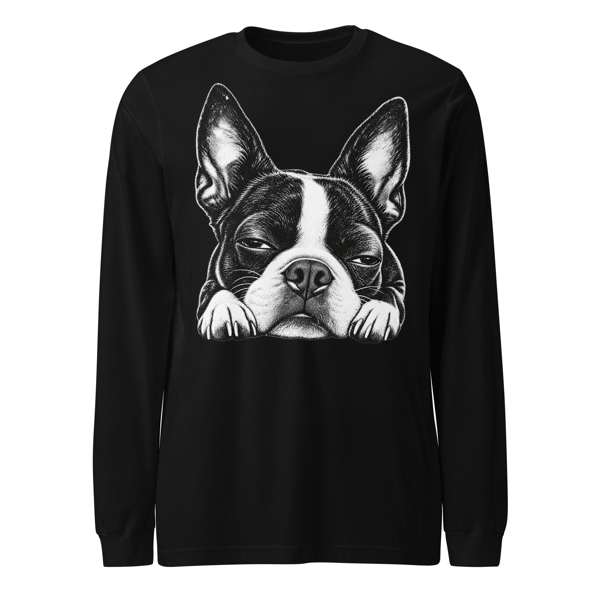 Sleepy Boston Terrier Dog Unisex Long Sleeve Tee . Black