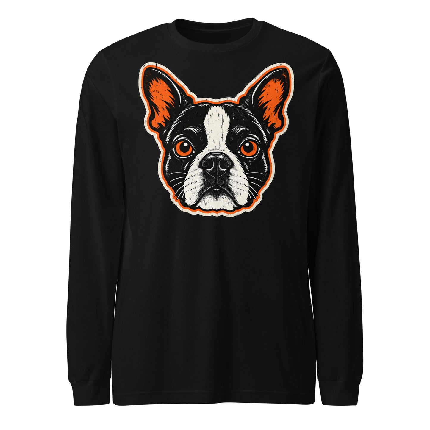Halloween Boston Terrier Face Unisex Long Sleeve Tee . Black