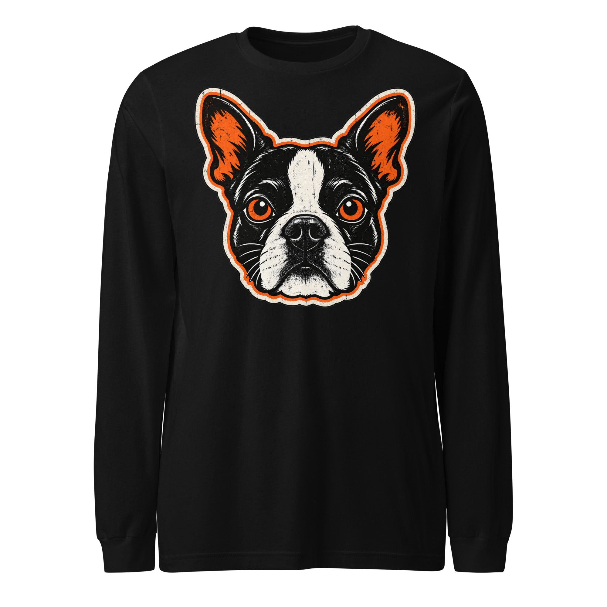 Halloween Boston Terrier Face Unisex Long Sleeve Tee . Black