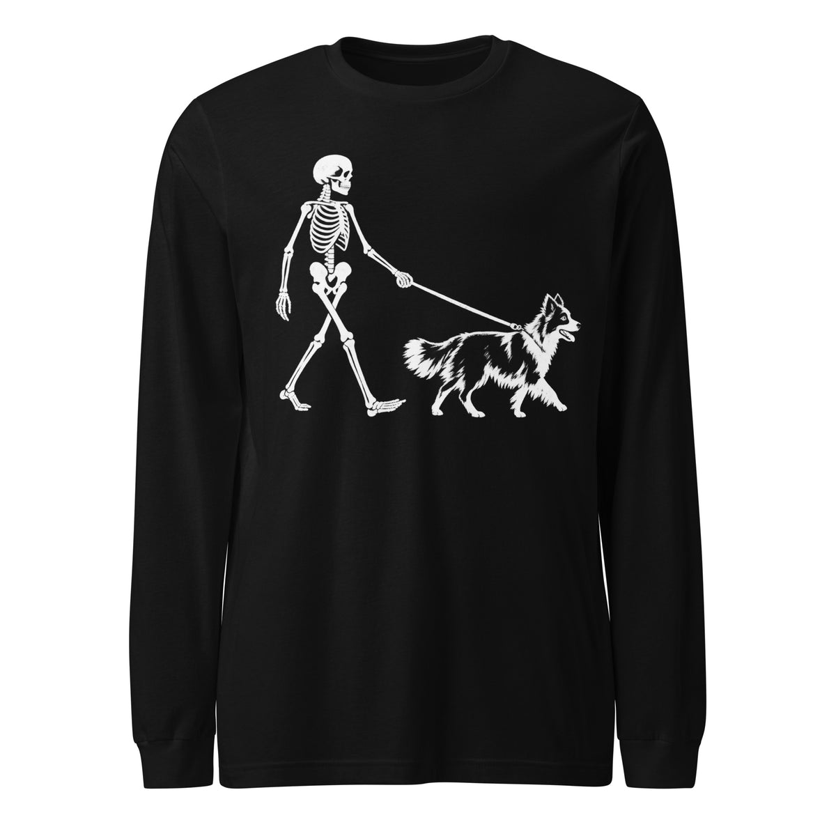 Skeleton Walking Border Collie Halloween Unisex Long Sleeve Tee . Black