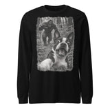 Boston Terrier Bigfoot Chase – Funny Sasquatch Dog Graphic Unisex Long Sleeve Tee . Black
