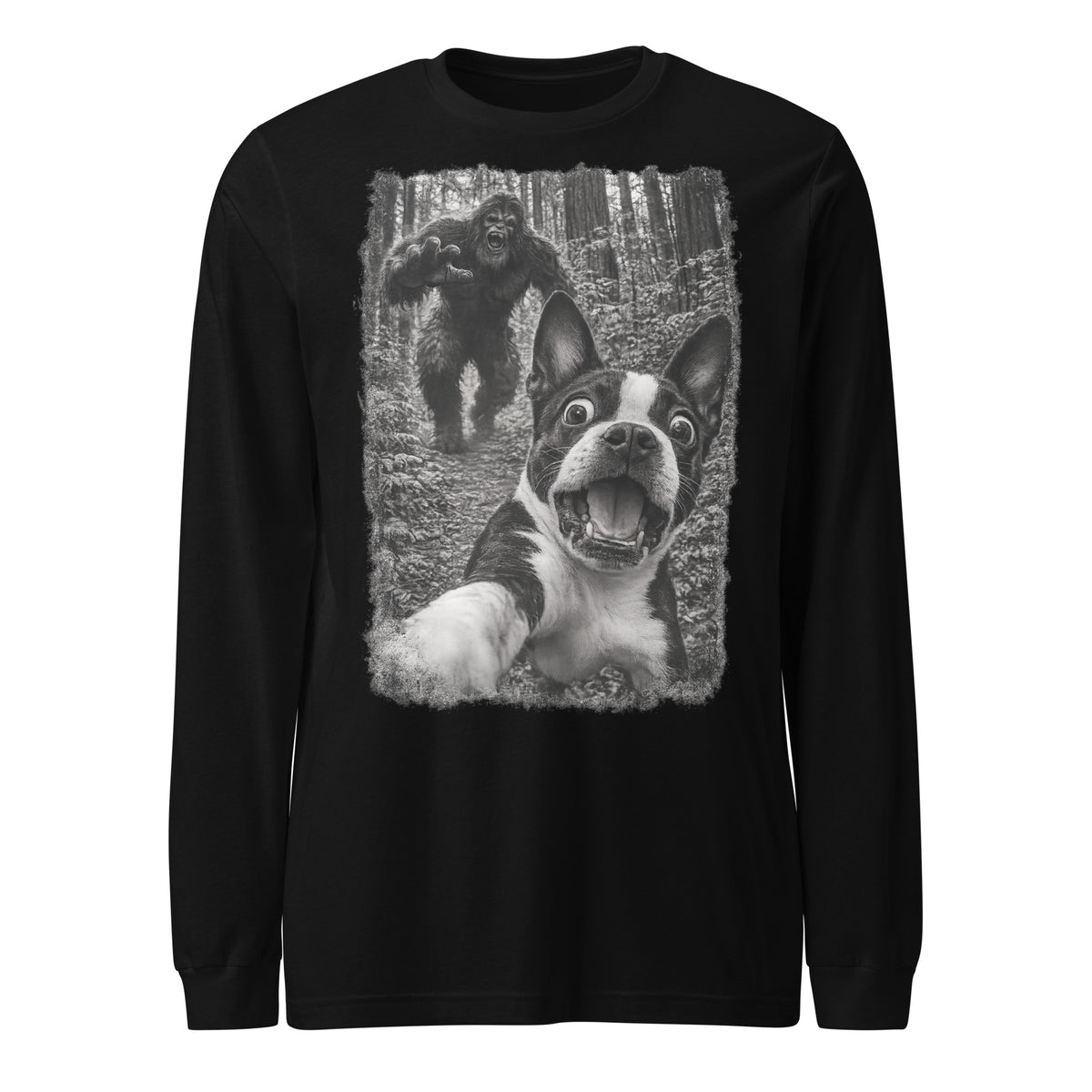 Boston Terrier Bigfoot Chase – Funny Sasquatch Dog Graphic Unisex Long Sleeve Tee . Black