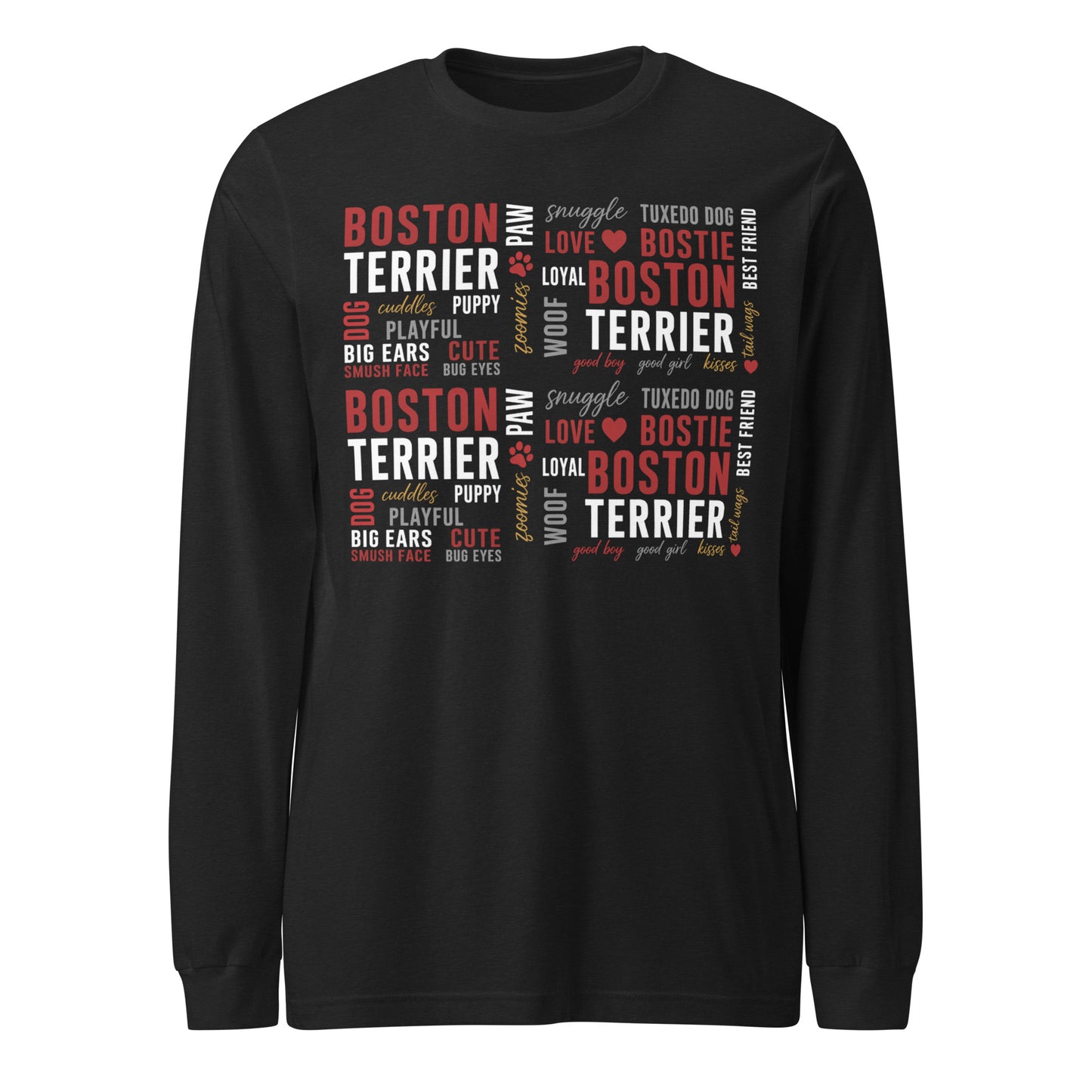 Boston Terrier Word Collage Unisex Long Sleeve Tee – Dog Lover Typography Art . Black Heather