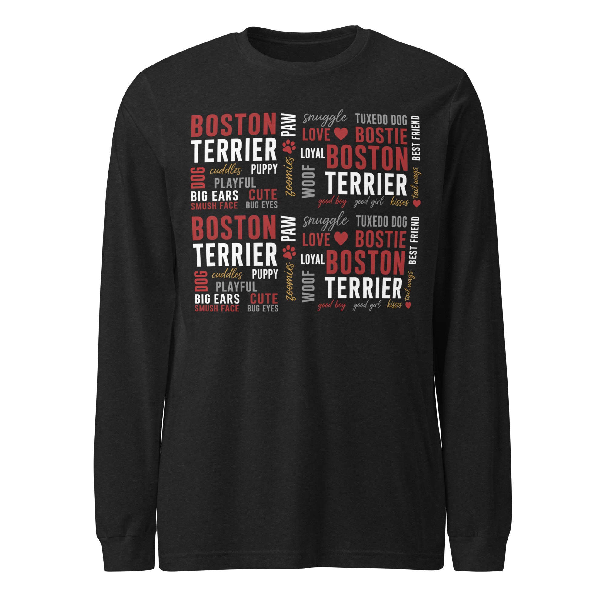 Boston Terrier Word Collage Unisex Long Sleeve Tee – Dog Lover Typography Art . Black Heather