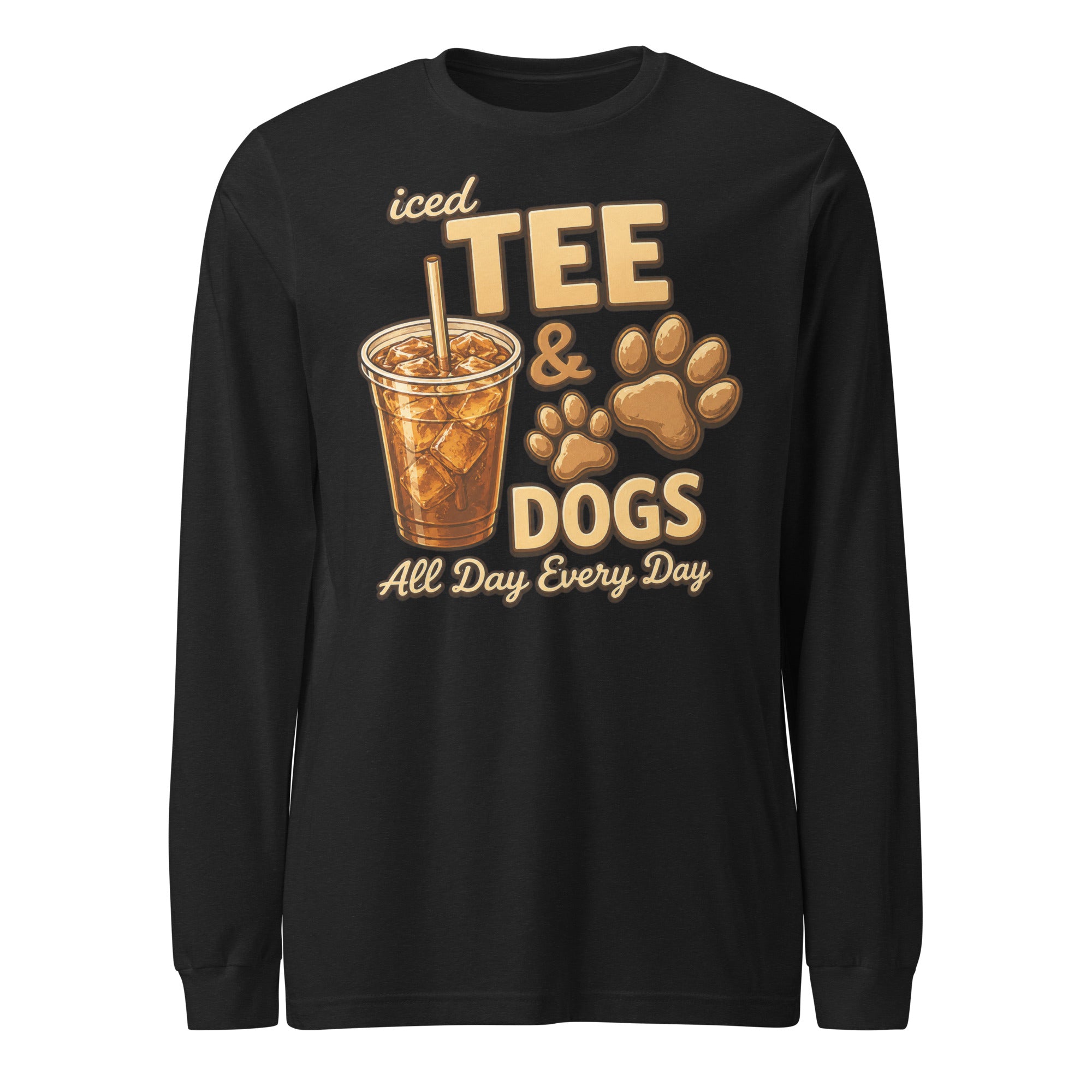 Iced Tea & Dogs All Day Every Day Unisex Long Sleeve Shirt - Funny Dog Lover Tee . Black Heather